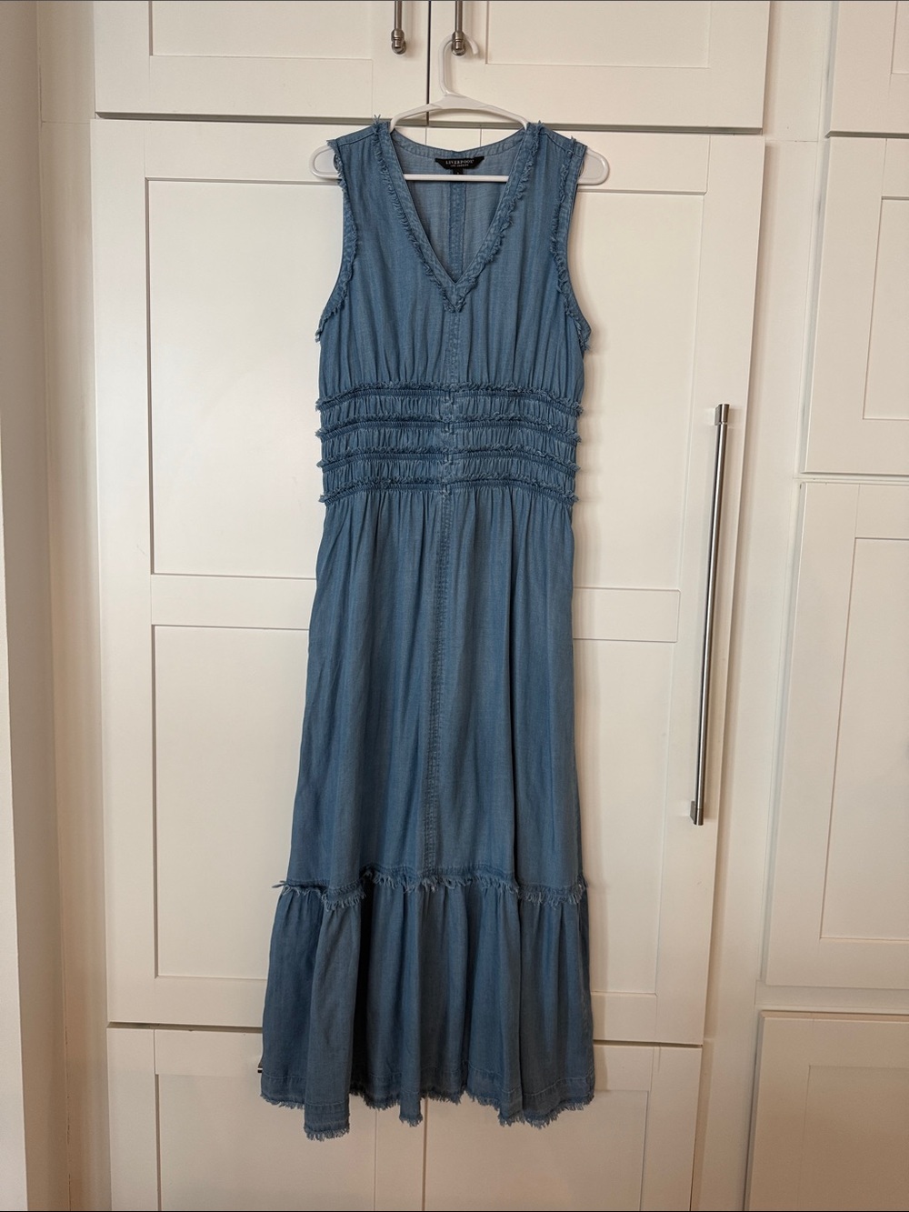 Liverpool Sleeveless V-Neck Maxi Dress in Dusty Blue